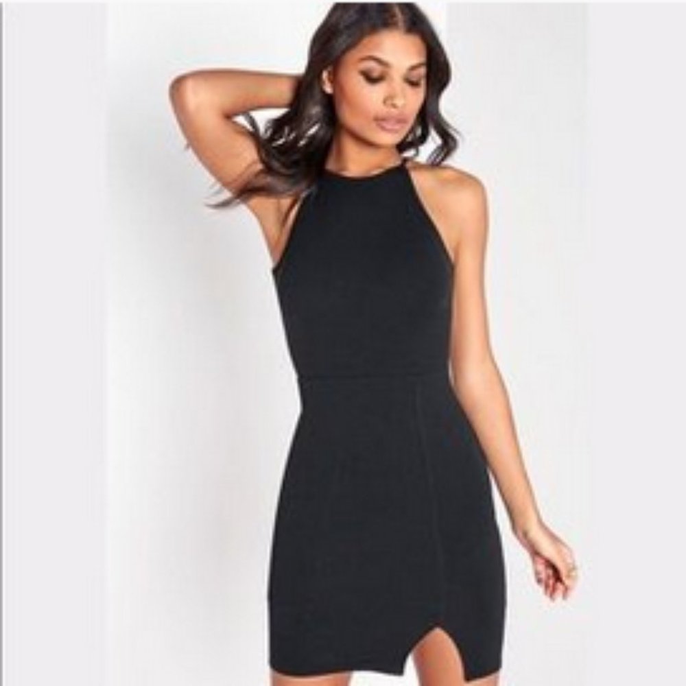 Missguided 90's Neck Side Slit Bodycon Black Dress NWT SZ 2
